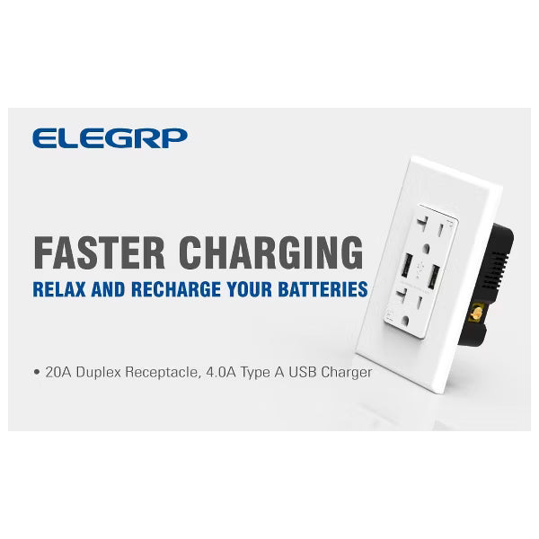 ELEGRP USB Outlet Receptacle, 20W 4.0 Amp USB Wall Outlet, 20 Amp Tamper-Resistant Electrical Outlet with Type A port, UL Listed, Wall Plate Included