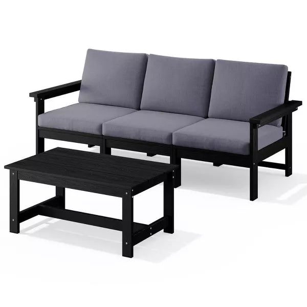 Hyleory Modern HDPE 3-Seater Sofa Set with Removable Soft Cushions and Wide Slat Coffee Table - Durable Weather-Resistant Easy-Clean Design