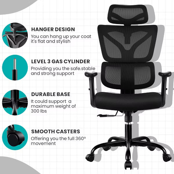 KERDOM Office Chair Ergonomic Desk Chair, Big and Tall Reclining Comfy Home Office Chair Lumbar Support Breathable Mesh, Black