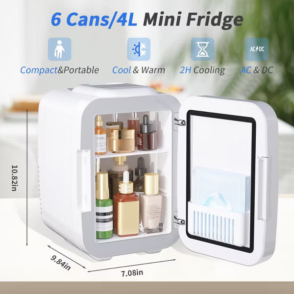 YASHE Mini Skincare & Food Fridge with Dimmable LED Mirror, 4L/6 Cans Cooler & Warmer, Portable for Makeup, Beauty, Food, Office & Car