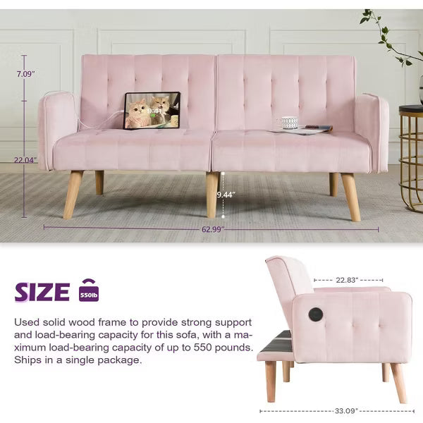 TYBOATLE 65 inch Convertible Velvet Futon Sofa Bed, Modern Upholstered Couch with USB, Folding Loveseat for Small Space, Apartment, Office