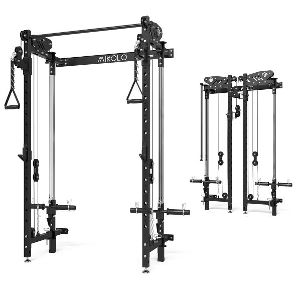 ER KANG Folding Squat Rack, Wall Mounted Power Rack with Cable Crossover Machine&LAT Pull Down, Functional Trainer with 5 Function Modes