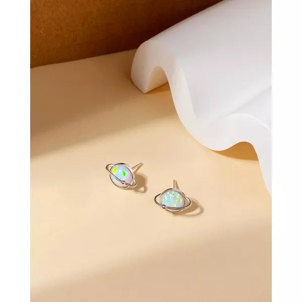 Molenia Tiny Opal Planet Earrings for Women, 925 Sterling Silver Post White Opal Stud Space Earrings Butterfly Back Jewelry Gifts for Her Women