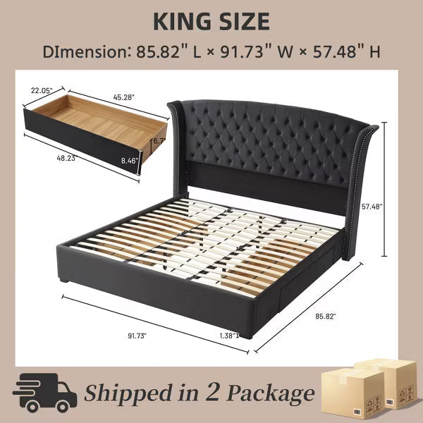 57.48"High Headboard Upholstered King Bed Frame - 2 Storage Drawers,Button Tufted Wingback,Velvet Fabric,No Box Spring Needed, Easy Assembly,Ink Blue