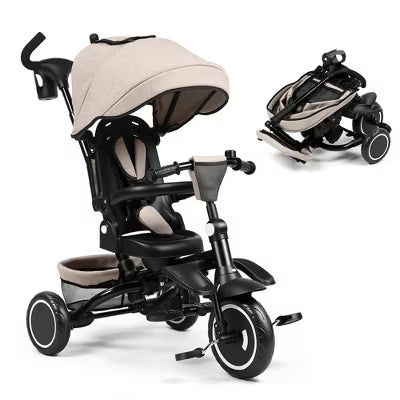 TODECARE Kids Tricycle, 7-in-1 Folding Trike with Adjustable Push Handle, Canopy & 1-Step Brake, Khaki