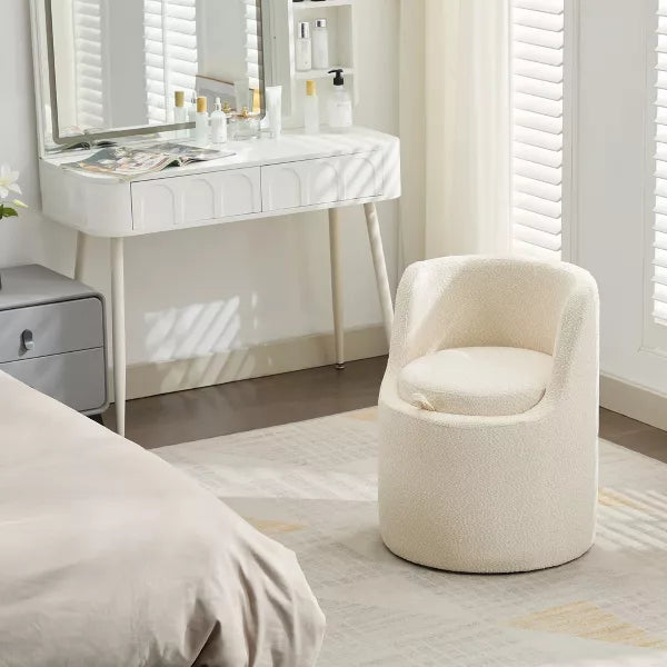 HYLEORY Makeup Ottoman with Storage, Upholstered Vanity Stool with Foldable Backrest Modern Cylindrical Footrest Stool for Living Room Bedroom