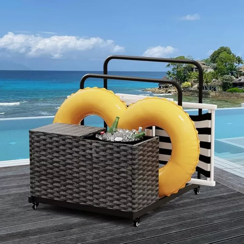 BENCMATE Pool Accessories, Portable Poolside Float Storage with Rolling Wheels and Basket for Pool, Patio, Gray, 39.4"*31.5"*37.6"