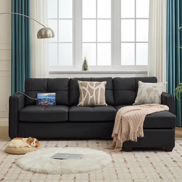 TYBOATLE 88" Faux Leather L-Shaped Sectional Sofa, Comfy Modular Couch with Chaise & USB, Convertible Sofa for Living Room, Bedroom, or Small Spaces