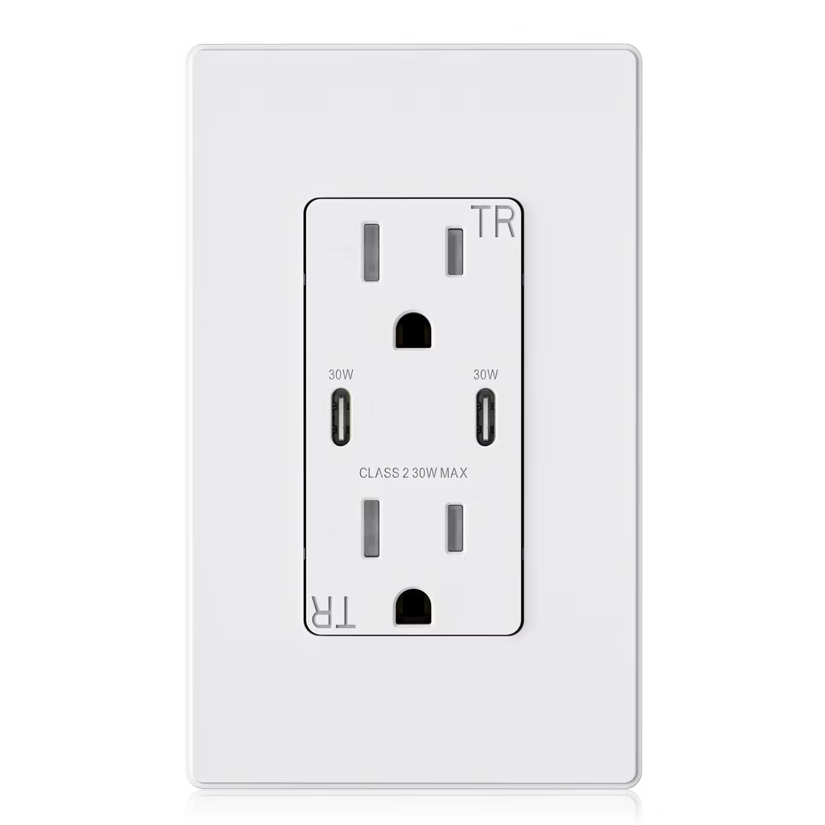 ELEGRP 30W USB Outlets Receptacles, 15 Amp Outlet with Dual USB C Ports for Support Fast Charge Protocols,w/Wall Plate, UL Listed,White,1 Pack