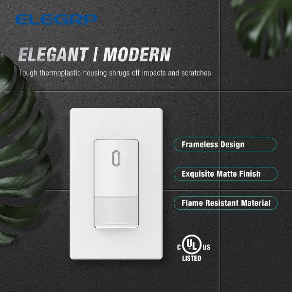 ELEGRP Senso r Light Switch, PIR Infrared Motion Activated Wall Switch No Neutral Wire, Single Pole for CFL/LED/Incandescent Bulb,UL Listed, Lvory 2P