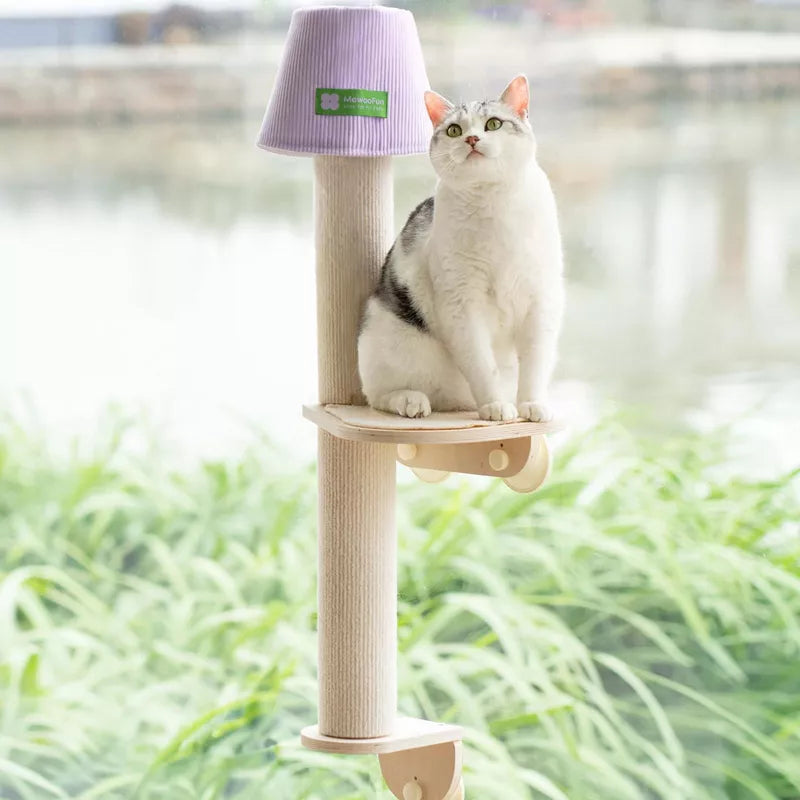 Mewoofun Pet Beds Cat Window Perch Hammock Bed with Scratching Post Climbing Steps, Wooden Cat Perch for Indoor Cats, White, 32.70"*14.10"*10.70"