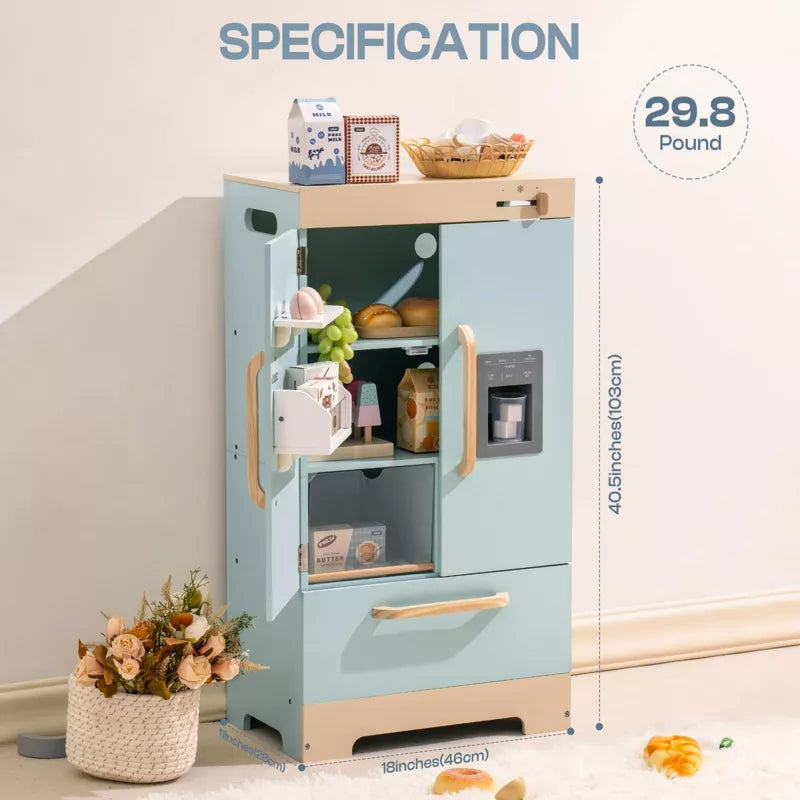 ROBOTIME Play Kitchen for Toddlers,Fridge Refrigerator with Ice Dispenser,Wooden Kids Kitchen Playset Toy,Gift for Ages 3+, Blue, 18"*11"*40.5"