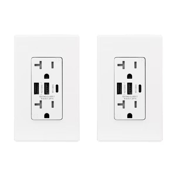 ELEGRP 30-Watt 20 Amp 3-Port Type C and Dual Type A USB Duplex USB Wall Outlet, Wall Plate Included, Light Almond (2-Pack)