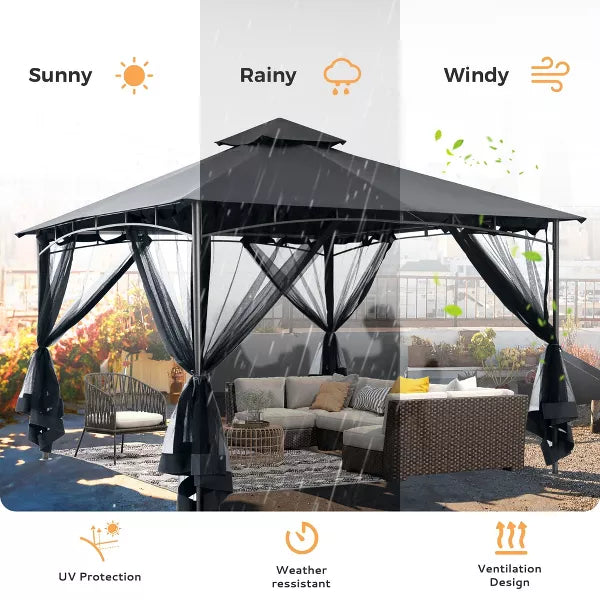 HAPPATIO Patio Soft Top Canopy Gazebo, Ventilated Double Roof & Mosquito Netting, Outdoor Gazebo with Metal Frame