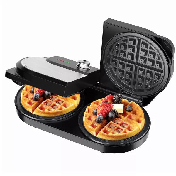 YASHE Double 6-Inch Waffle Maker, 1400W, stainless steel, non-stick plates, temperature control, cool-touch handles — perfect for breakfast and snacks