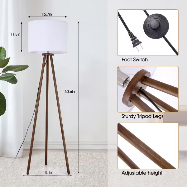 60.5" Natural Wood Tripod Floor Lamp, Nordic Style with White Linen Shade for Bedroom, Living Room, Study, Reading Room & Office