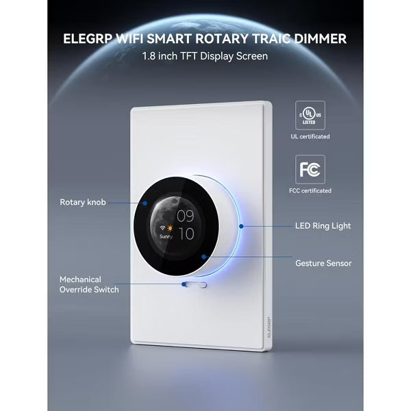 ELEGRP WiFi Smart White Rotary Traic Dimmer with 1.8 inch TFT Display Screen, 3 Way