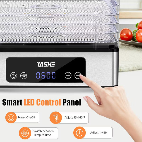 YASHE Food Dehydrator, 5 Stainless Steel Trays, 48H Timer, Temp Control, 420W, Includes Recipe Book, for Jerky, Fruits, Herbs, Meat, Dog Treats