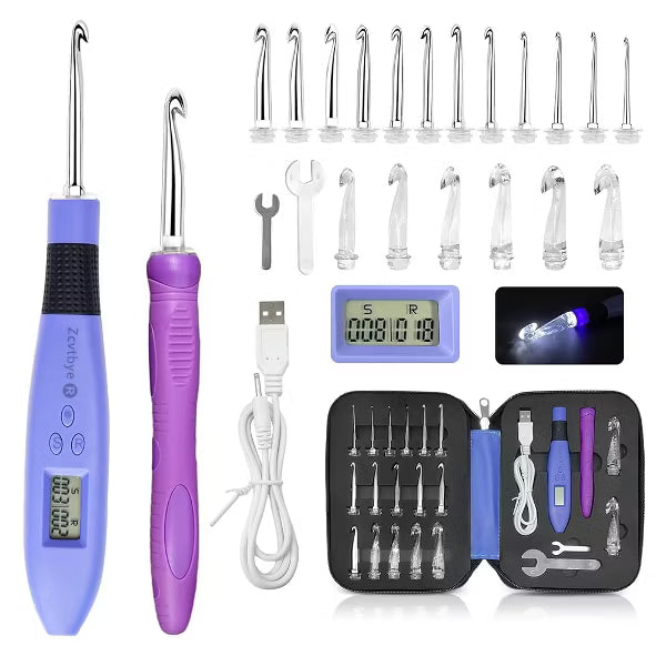 Zcvtbye Rechargeable Lighted Crochet Hook Set with Stitch Counter, 18 Interchangeable Metal Heads, Ergonomic Handle – Gift for Knitters