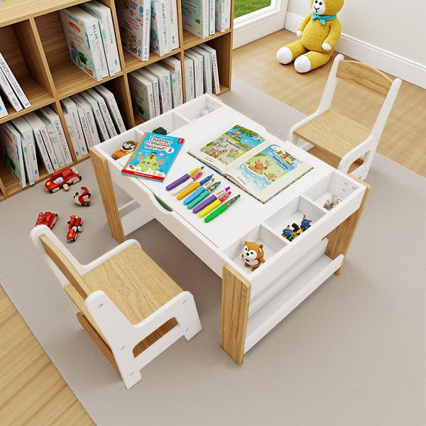 JVNOXK-Kids2in1Play Table Chair Set, LEGO-Compatible Drawing Table with7 Storage Compartments, Includes 2 Chairs,Multifunctional Learning Desk-White