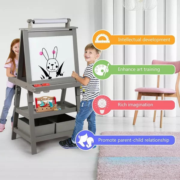 Kinder King 3 in 1 Kids Art Easel w/Storage Double-Sided Magnetic Whiteboard & Chalkboard Dry-Erase Board w/Paper Roller