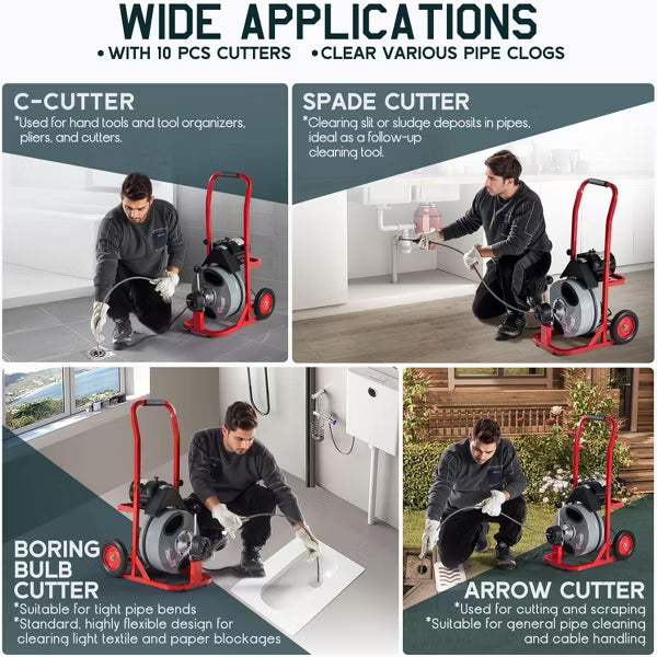 AMERLIFE Electric Drain Cleaner Machine with Auto-Feed & 10 Cutters, Sewer Snake Auger