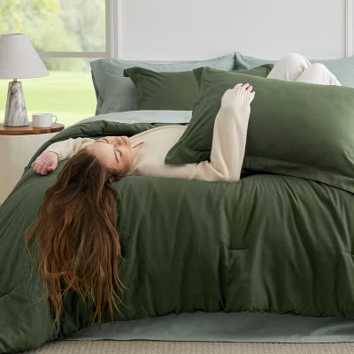 7 Pieces Boho Contrasting Design Bedding Comforter Set Full Size Olive Green