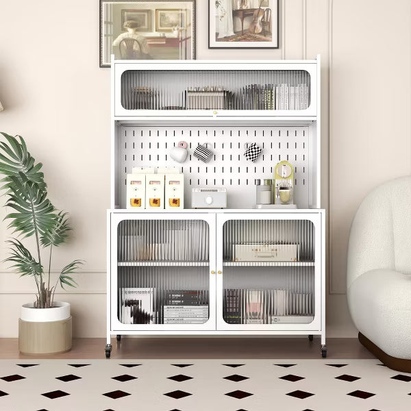 Munora - White Metal Bakers Rack with Flip Door Cabinet & Pegboard - Microwave Stand with Storage for Kitchen/Pantry