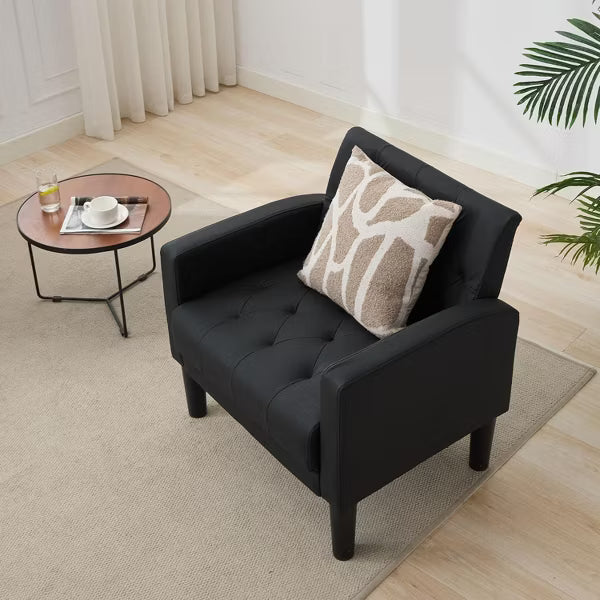 TYBOATLE Tufted Black Leather Accent Chair, Mid-Century Armchair for Office, Living Room, Bedroom