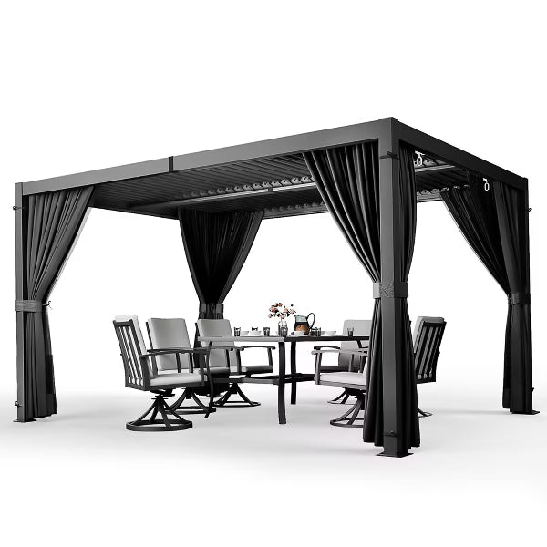 HAPPATIO Outdoor Louvered Pergola, Metal Pergola with Adjustable Rainproof Roof, Patio Pergola with Curtains and Mosquito Nets