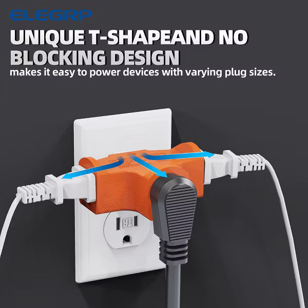 ELEGRP 3 Prong Heavy Duty Power Extender to Triple Outlet in T Direction, Multi-Directional Grounded 15A 125V Tap Adapter Plug ETL Listed, Orange 3PC