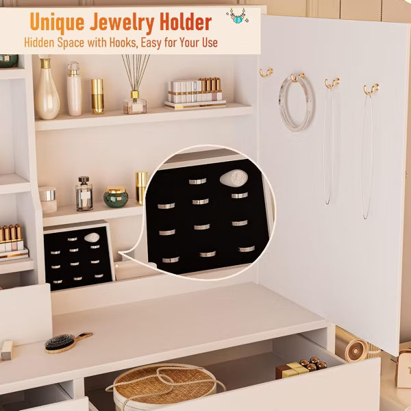 DYHOME Makeup Vanity Desk with Mirror and Lights & Charging Station, With 6 Drawers, Jewelry Storage, Make Up Table Set, Makeup Desk Stool Included