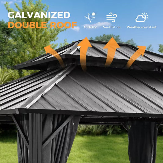 HAPPATIO Outdoor Hardtop Gazebo, Double Galvanized Steel Roof Gazebo with Aluminum Frame, Curtains and Netting