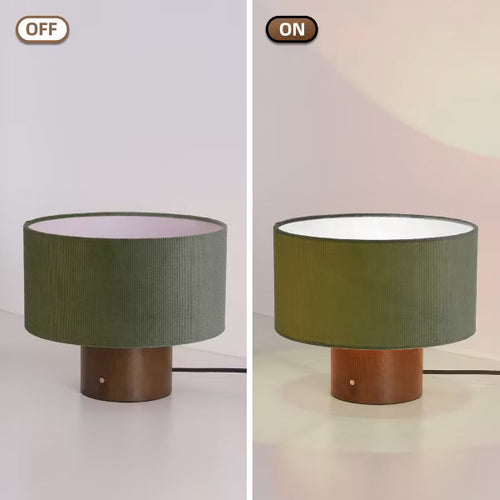 10.6" Retro Walnut Wooden Touch Table Lamp with Green Corduroy Velvet Shade, Vintage Style for Bedroom, Living Room, Reading Nook, or Hotel Spaces