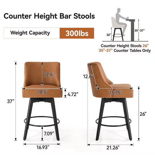 Dyonery 26" Swivel Counter Height Bar Stools with Backrests, Upholstered Seats & Wood Legs for Kitchen Island