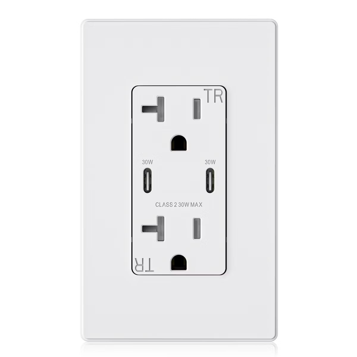 ELEGRP 30W USB Outlets Receptacles, 20 Amp Outlet with Dual USB C Ports for Support Fast Charge Protocols,w/Wall Plate, UL Listed,White,1 Pack