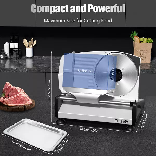 OSTBA 200W Electric Meat Slicer, Dual 7.5” Stainless Steel Blades, Quiet DC Motor, 0-15mm Adjustable, Easy to Clean for Meat, Cheese, Bread & Veggies