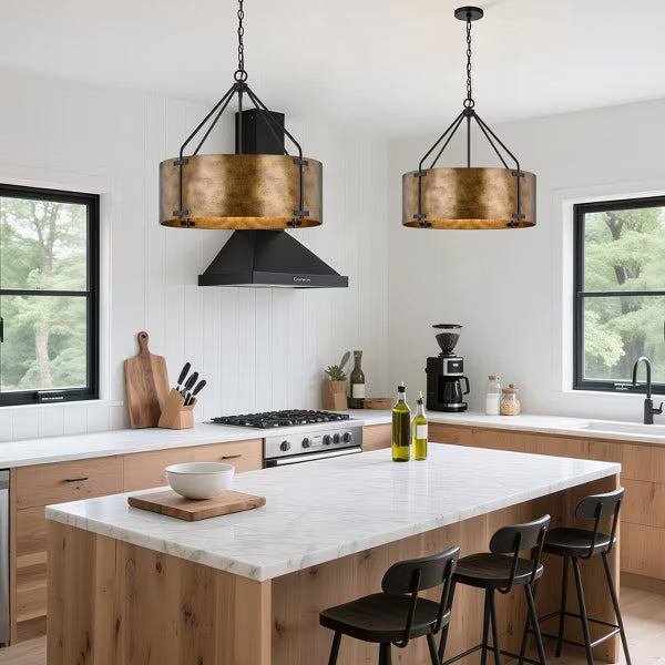 GTCLIGHTING Vintage Metal Drum Chandelier, 4-Light E27 Industrial Adjustable Chain Hanging Pendant Light Fixtures for Foyer Entryway Kitchen