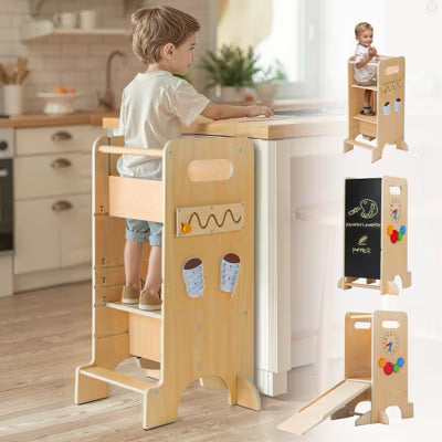 KOLIGEY Toddler Tower 4-in-1 Multifunctional Kitchen Stool Helper with Removable Safety Board, Adjustable Heights