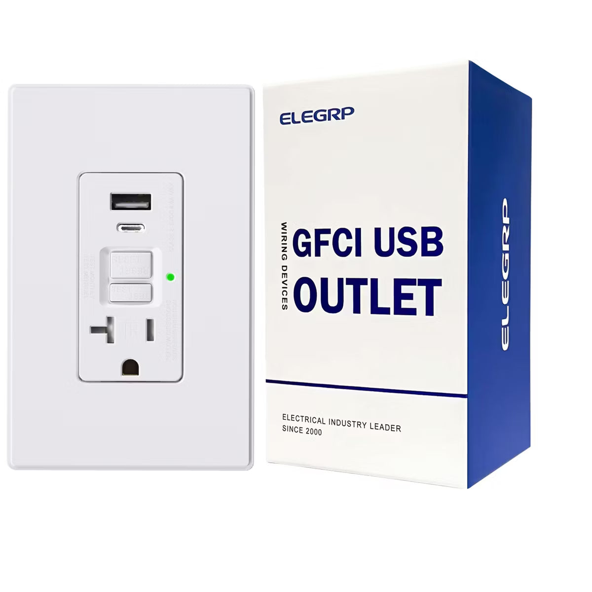 ELEGRP GFCI Outlet & USB Charger 24W combo Receptacle, Type A & C, 20A Tamper Resistant Self-Test,w/Screwless Wall Plate, UL & CUL Listed, White,1 PC