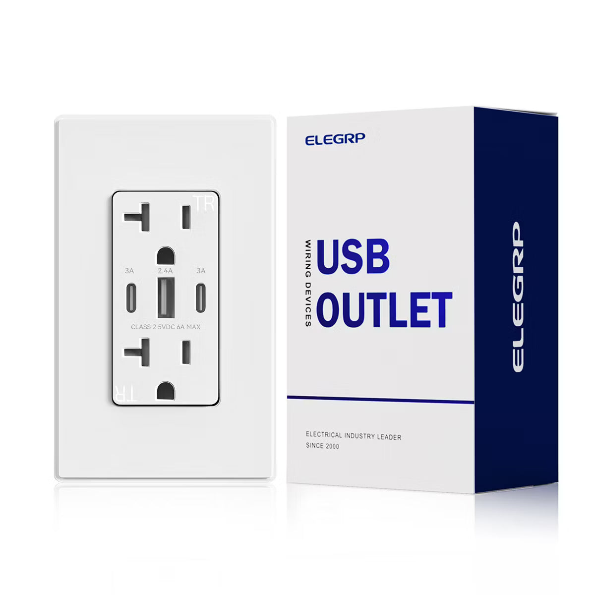 ELEGRP 30W 6.0 Amp 3-Port USB Wall Outlet, 20A Duplex Receptacle with Dual Type C & A Ports,UL Listed, w/Wall Plate,Matte White 1PC