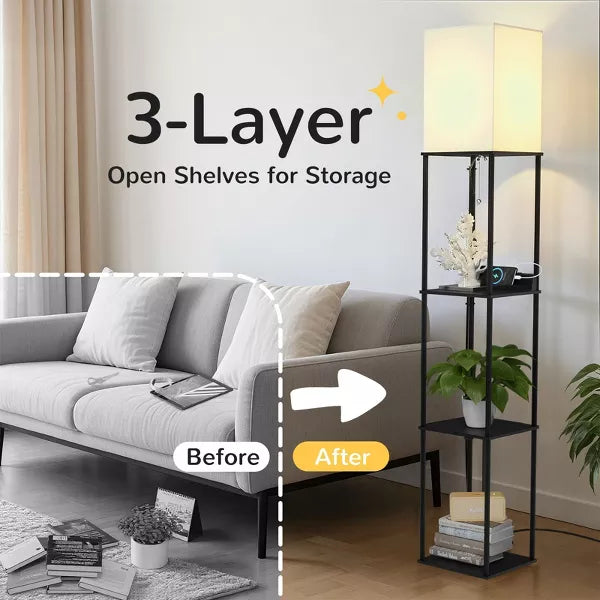 Napei 62-in Shelf Floor Lamp with Fabric Shade & 2 USB-Black