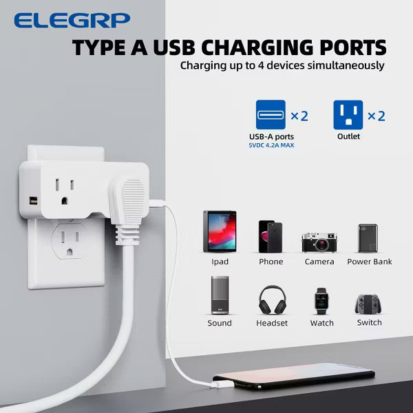 ELEGRP USB Wall Outlet Extender,with Two USB A Ports 21W, Electrical Outlet Extender Wall Tap for Travel, Home and Office