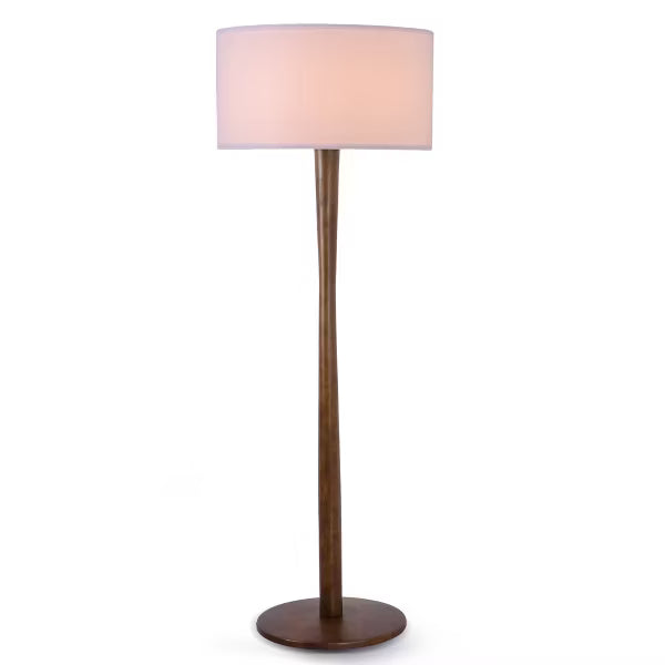61" Modern Walnut Wood Column Floor Lamp with White Linen Drum Shade for Living Room, Bedroom, Office, Study, Hallway & Entryway