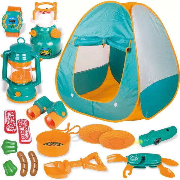 Kids Camping Set with Pop Up Play Tent Camping Toys with Battery Lantern and Drawstring Bag Indoor Outdoor Pretend Play, Christmas Birthday Gifts