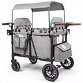 TODECARE 4-Seat Foldable Wagon Stroller with Harnesses, Adjustable Double Push Handle, Canopy, Snack Tray & Storage Bag, Gray