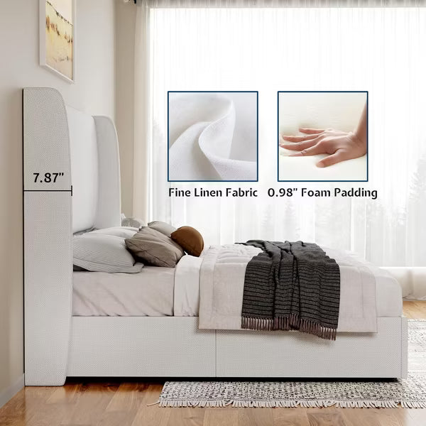 AMERLIFE Bed Frame with Lift Up Storage,Linen Upholstered Platform Bed,Wingback Headboard