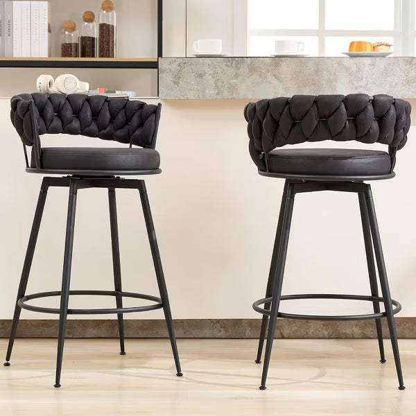 DYHOME 28 inch Bar Stools Set of 2, Modern Counter Height Bar Stools, 360 Swivel Suede Fabric Stool Chairs with Woven Back and Footrest