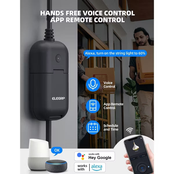 ELEGRP Smart Outdoor Dimmer Plug, Dimmer for Outdoor String Lights, Works with Alexa & Google Home, Voice & Remote Control