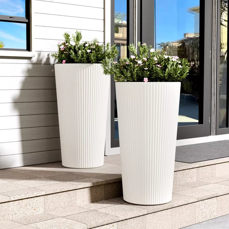 BENCMATE Tall Planters Large Round 2PCS Indoor Planter Pot, Simple Design Outdoor Garden Plastic Plant Flower Pot Cone Striped, White 13"*13"*23.6"